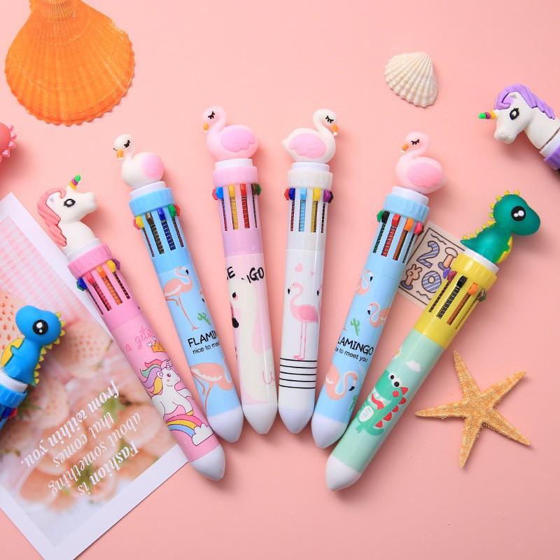 10 Colors Ballpoint Pen Cute Cartoon Dinosaur Color Retractable Pen Multicolor in 1