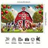 2D plane 1 farm scene featuring a red barn and various farm animals with a vibrant polyester background fabric