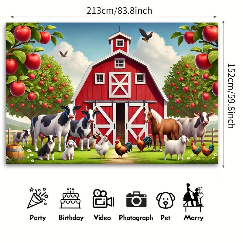2D plane 1 farm scene featuring a red barn and various farm animals with a vibrant polyester background fabric