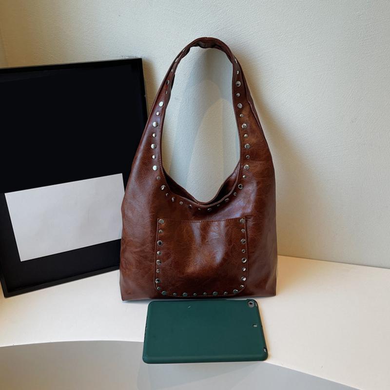 Женская ретро сумка-тоут с заклепками, однотонная, для поездок на работу, путешествий, шопинга, универсальная, большой вместимости, на плечо, CLE