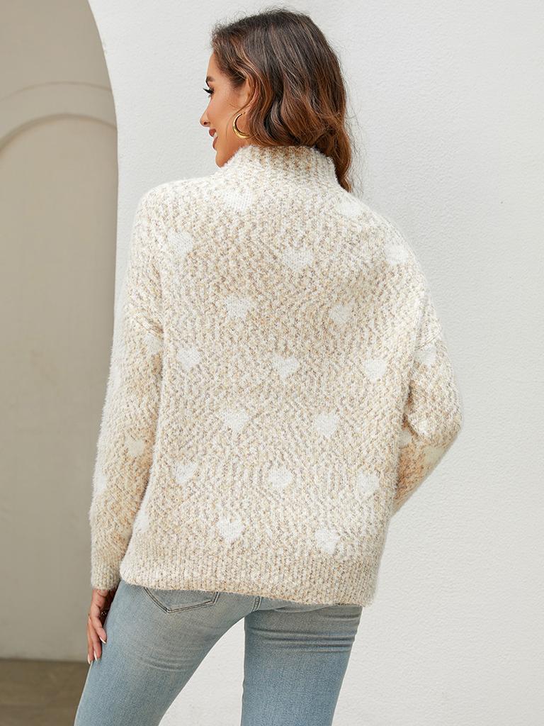 ZIMOXUAN Женский повседневный свитер с принтом в виде сердца, полуводолазкой и свободными длинными рукавами на осень-зиму