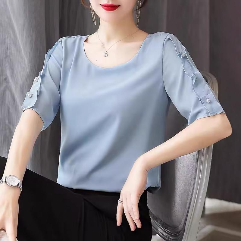 VONDA Женская летняя повседневная однотонная свободная блузка с круглым вырезом и жемчугом в виде листьев лотоса и короткими рукавами