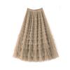Women Cake Skirt Solid Color Mid-Waist Long Skirt with Elastic Waist Mesh