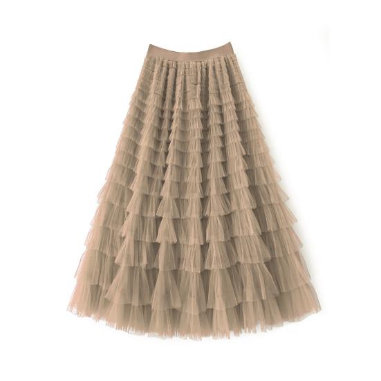 Women Cake Skirt Solid Color Mid-Waist Long Skirt with Elastic Waist Mesh