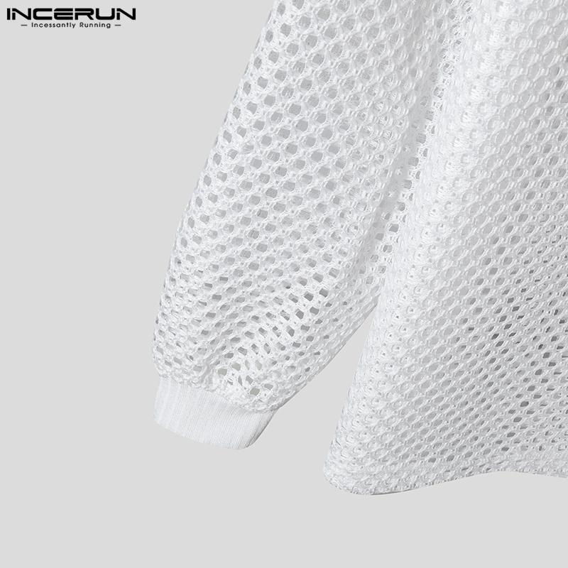 INCERUN Мужские однотонные сетчатые футболки с длинным рукавом и открытыми топами