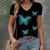 Summer V-neck 3D Butterfly Printed Top Fashionable Casual Short Sleeved Women's T-shirt