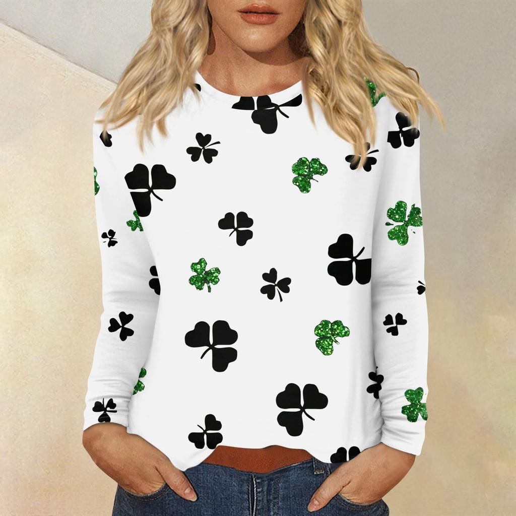 Женская повседневная повседневная рубашка с длинным рукавом. Топ с круглым вырезом и принтом ко Дню Святого Патрика