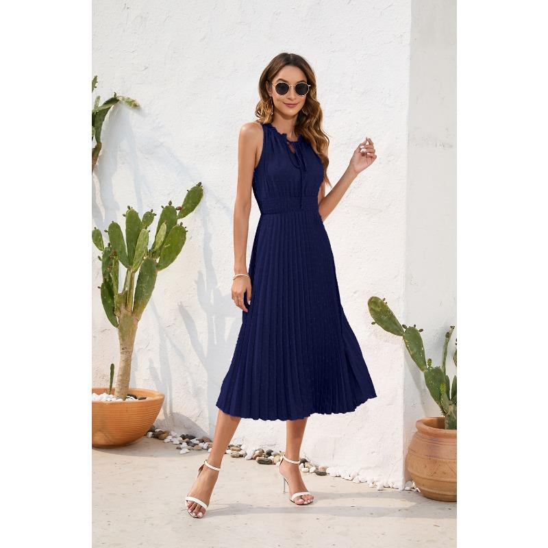 Tie High Waist Pressure Pleated Sleeveless Summer Casual Vacation Travel Dresses