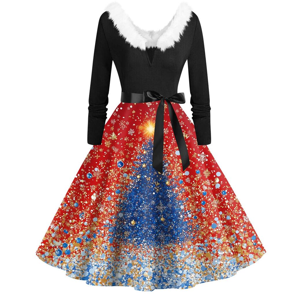 Women's Casual And Fashionable Long Sleeved V-neck Christmas Print Matching Zipper Dress