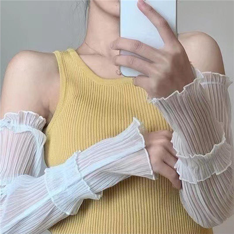 Women's Long Ultra-Thin Lace Arm Sleeves Cooling Mesh Sheer Ruched Tulle Lace Sunscreen Fingerless Arm Sleeves For Outdoor Activity