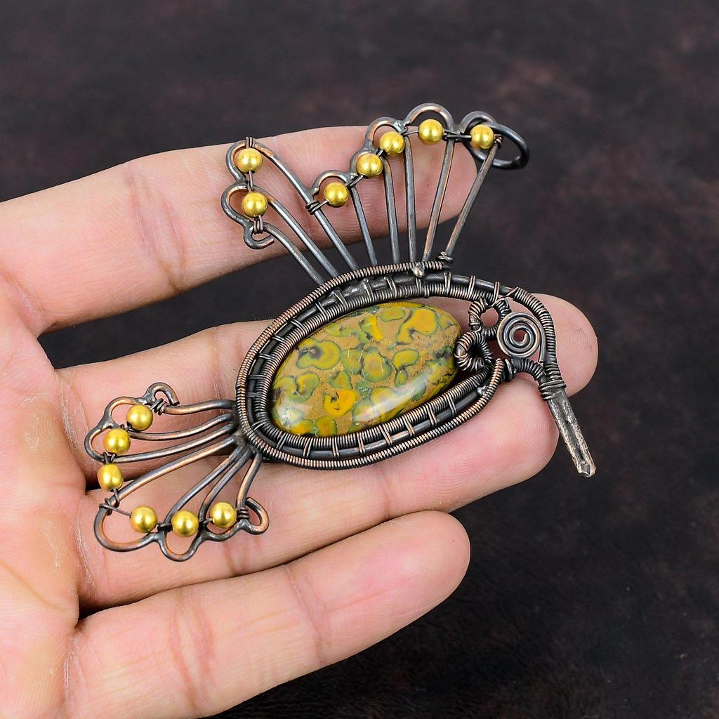 Кулон из фруктовой яшмы, медная проволока, кулон в виде птицы, кулон в виде птицы, медные украшения, кулон с драгоценным камнем, подарок для него, ювелирные изделия из проволочной обмотки ручной работы