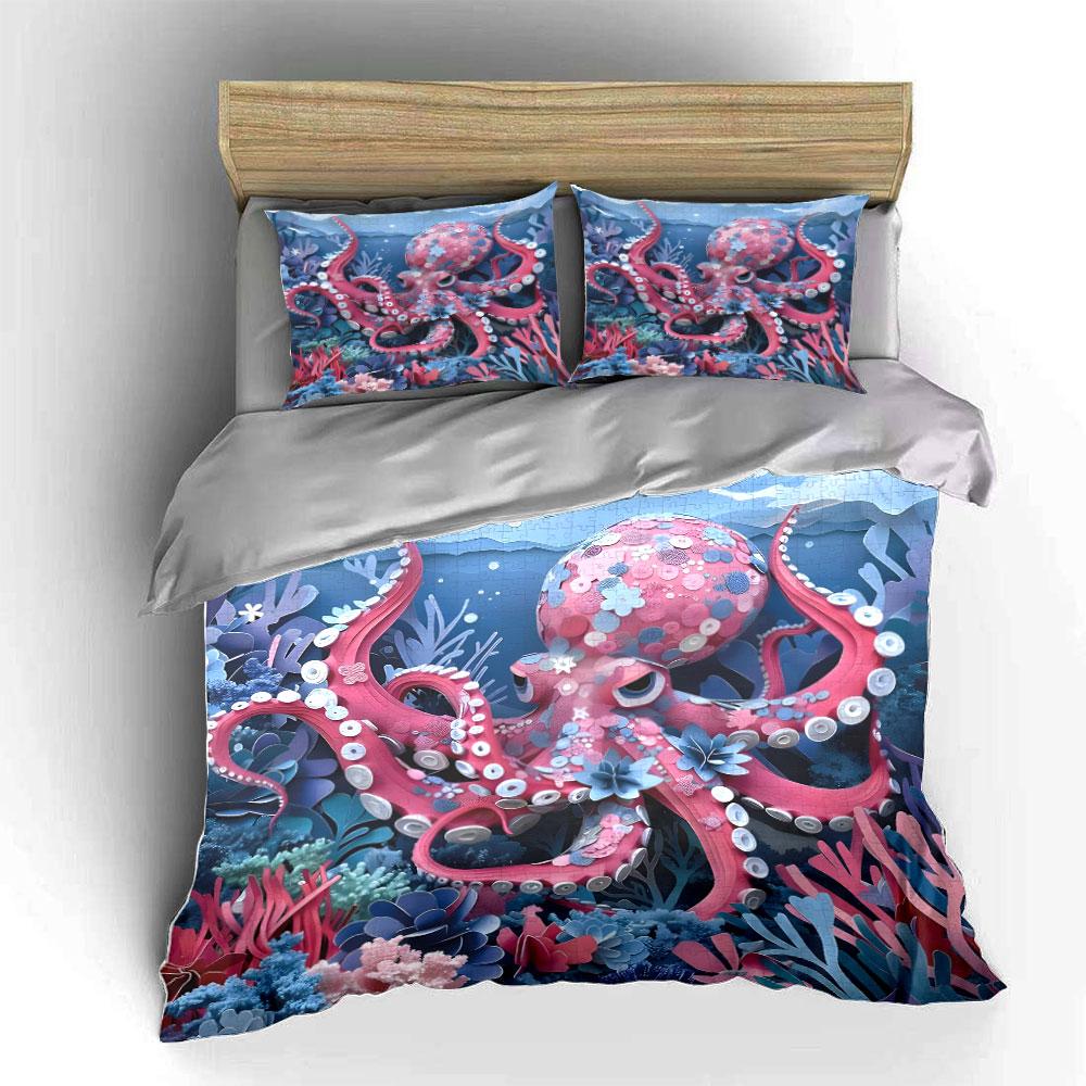 Underwater Octopus Puzzle Set Bedding Set with 1 Duvet Cover 2 Pillowcases Single Double King Queen, Gift