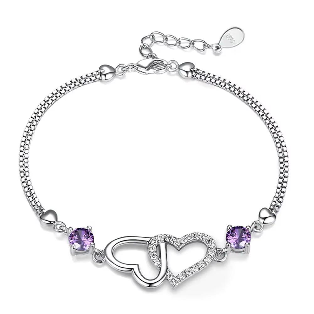 S925 Silver Bracelet Inlaid With Amethyst Embellished With Zircon Heart-Shaped Women's Bracelet Evening Luxury Jewelry