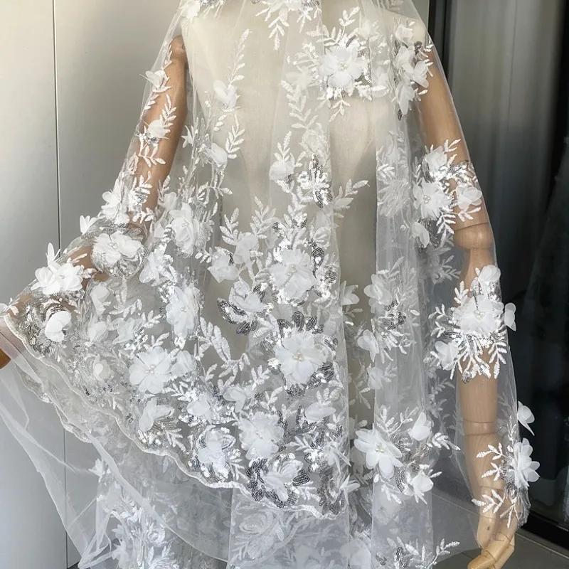 50x125 см Ткань для платья цвета flesh pink, off-white, с вышивкой бисером и пайетками, кружевная ткань с 3D-аппликацией в виде цветов, премиум-класс