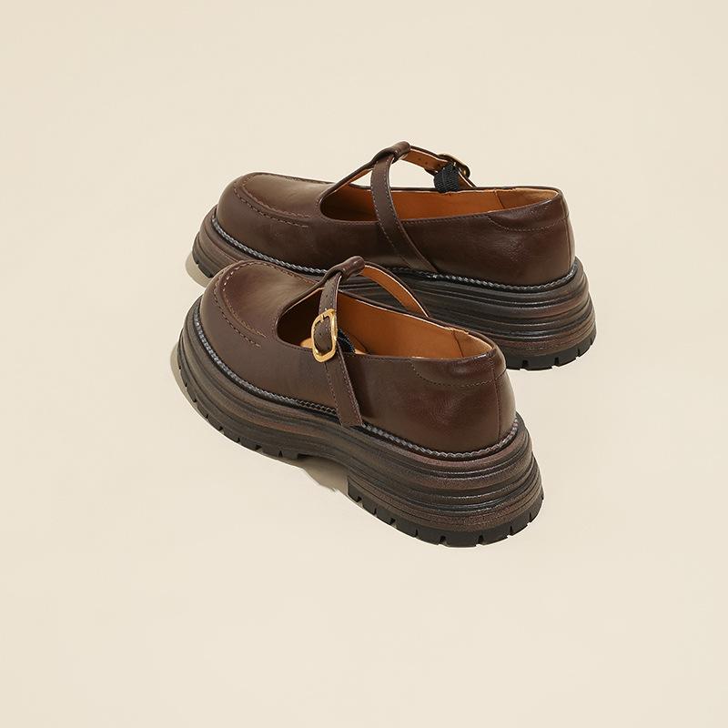 British Style Platform Black Small Leather Shoes Women's 2025 Spring and Summer New Round Head T-buckle with Light Mouth Thick Heel Loafers