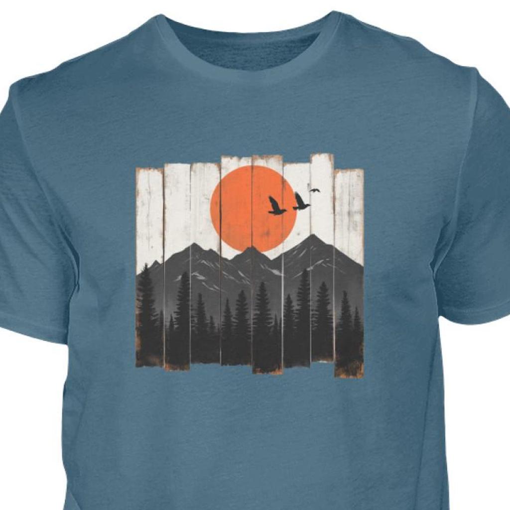 Berg Landschaft Shirt Herren, Vintage Holz Grafik, Natur Design T-Shirt mit Vogel und Sonnenuntergang, Outdoor Geschenkidee, Hiking Shirt