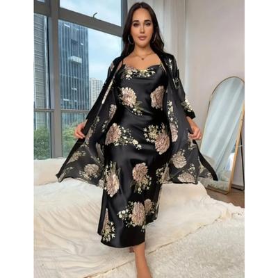 Пижама больших размеров, женская длинная, искусственный шелк, сексуальный пижамный комплект, повседневная, свободная, с принтом, комплект из 2 предметов