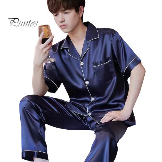 Комплект из 2 предметов: мужская пижама, лацкан, короткий рукав, пуговицы, планка, рубашка, эластичный пояс, широкие длинные брюки, свободный крой, одежда для сна