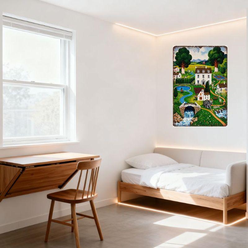 Vibrant Whimsical Countryside Metal Tin Sign, Two-Story House, Stream, Cows, Stone Mill, Rolling Hills - Vintage Home Decor for