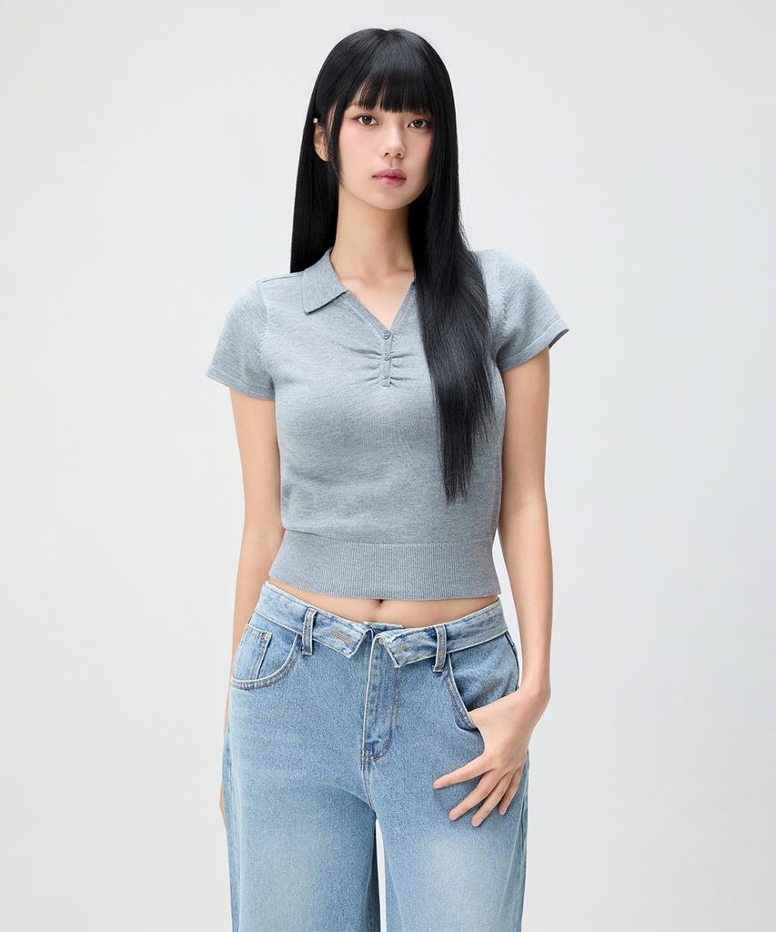 MIXXO Вязаный топ с коротким рукавом, открытым воротником и пуговицами_Miwkag624T