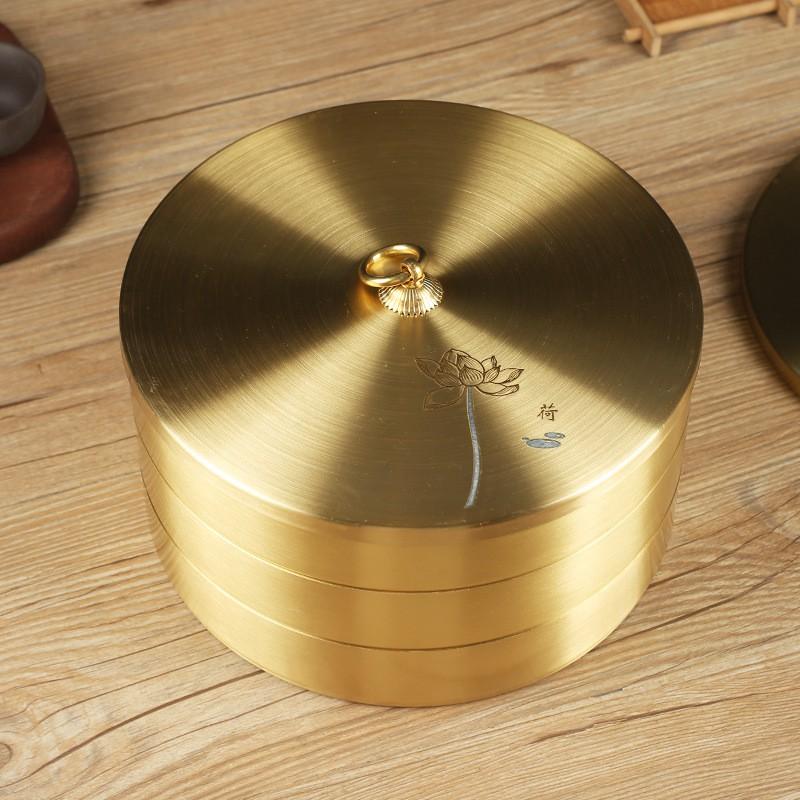 Brass Puer Tea Cake Storage Box Multi-Layer Stackable Airtight Lid Home Use Chinese Organizer