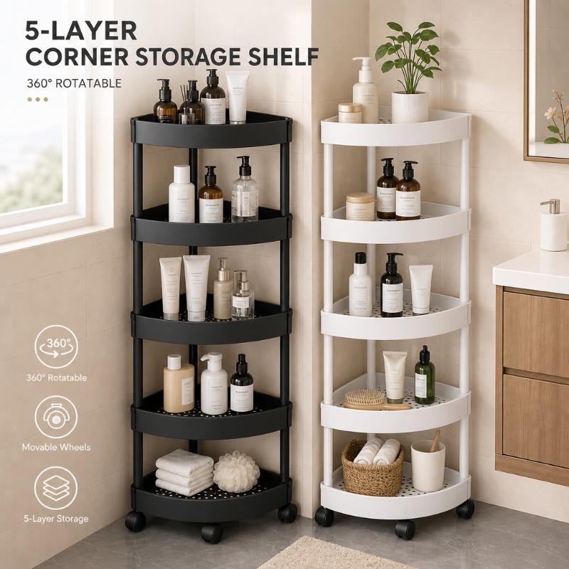5-Tier Corner Rolling Cart Movable Bathroom Organizer Plastic Storage Rack Draining Trolley Shelf for Kitchen Bedroom Toilet