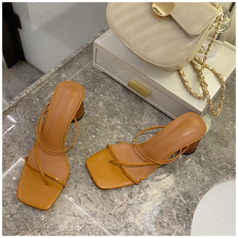 Summer Square Heel Shoes Square Toe Sandals Ladies Thick Heels Mid-heels Sexy Solid Color Slippers Sandals Zapatos De Mujer