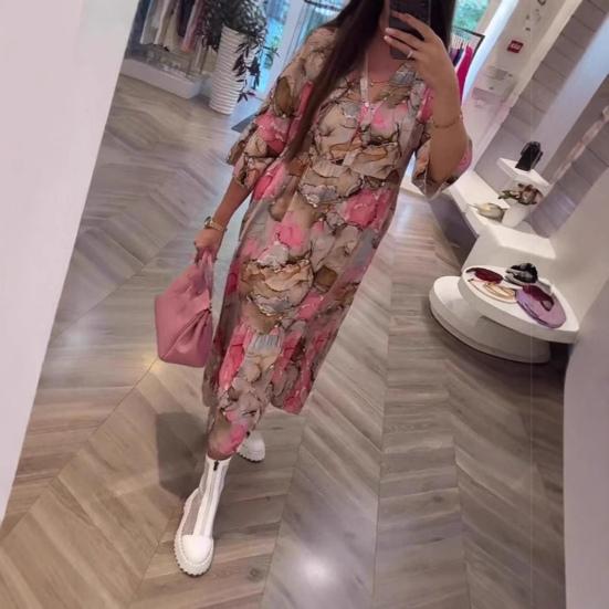 Женское платье макси с цветочным принтом в стиле бохо, летнее свободное платье миди с V-образным вырезом, повседневное платье А-силуэта с длинными рукавами для вечеринок, пляжного отдыха