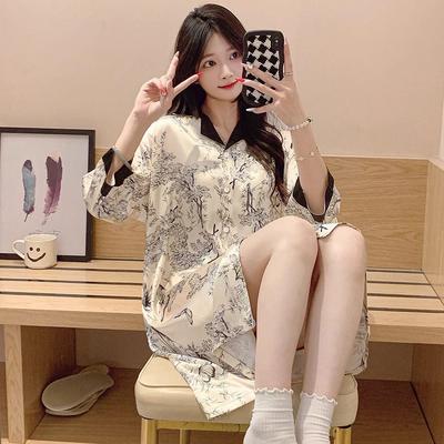 Рубашка с рисунком тушью в национальном стиле, ночная сорочка, женская пижама из ледяного шелка, женская тонкая одежда для дома для весны и лета, можно носить на улице