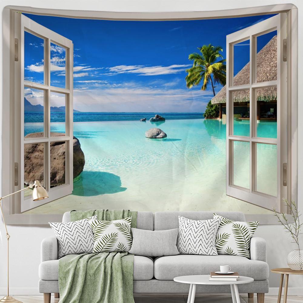 Окно Вид на Лес Гобелен Настенное Полиэстеровое Одеяло Психоделический Хиппи Бохо Стиль Декор Гостиной