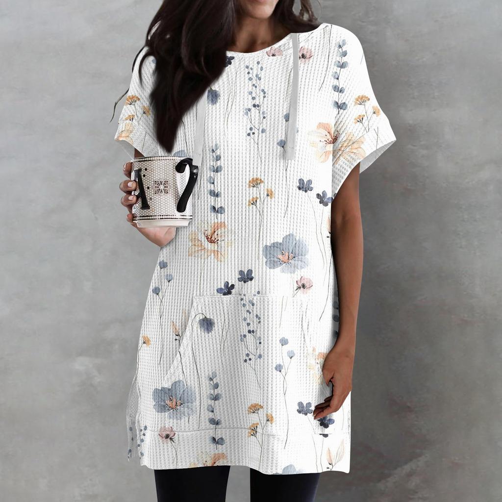 Женские свободные рубашки с принтом, толстовки с короткими рукавами и шнурком, вязаная туника с боковыми разрезами, топы с капюшоном и карманом