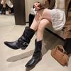 Yueyu Универсальные Складные Западные Женские Ковбойские Кожаные Остроносые V-образный вырез Тонкий Толстый Каблук Черные Нишевые Ботинки-рыцари Женские