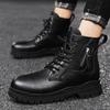 FashionPlatform Boots Men British Leather Boots Autumn Winter High Top Waterproof Chunky Booties Fashion Black Leather Shoes Man Soft