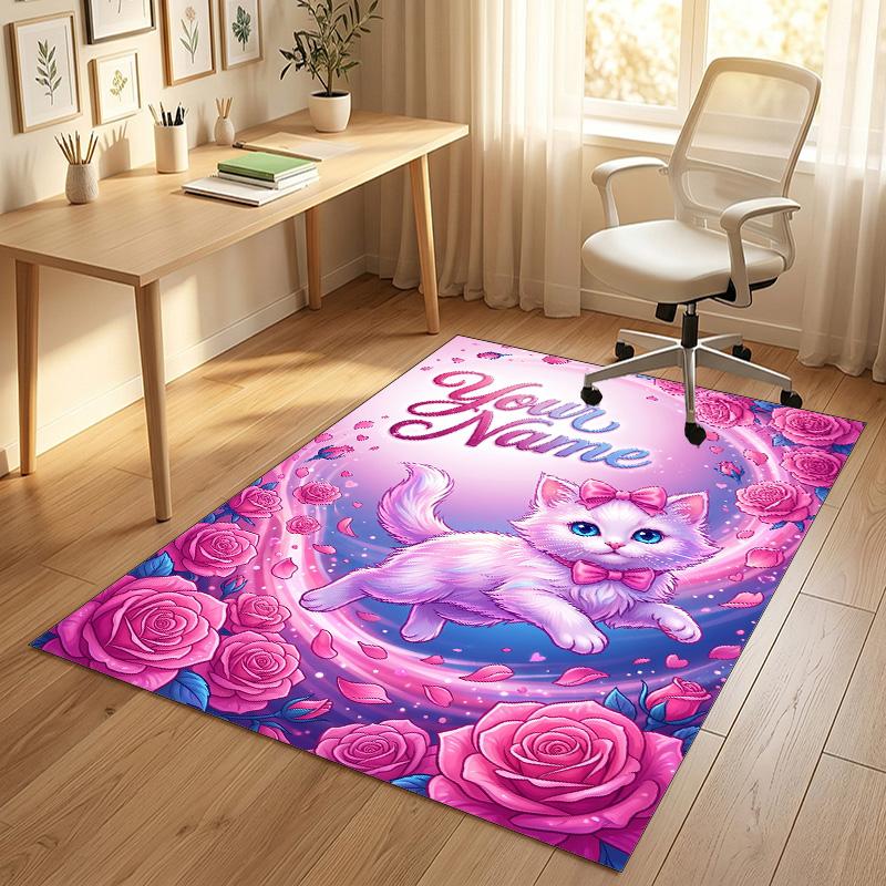 Cat Theme Crystal Velvet Rug Personalized Custom Name Text Soft Floor Mat Home Decor