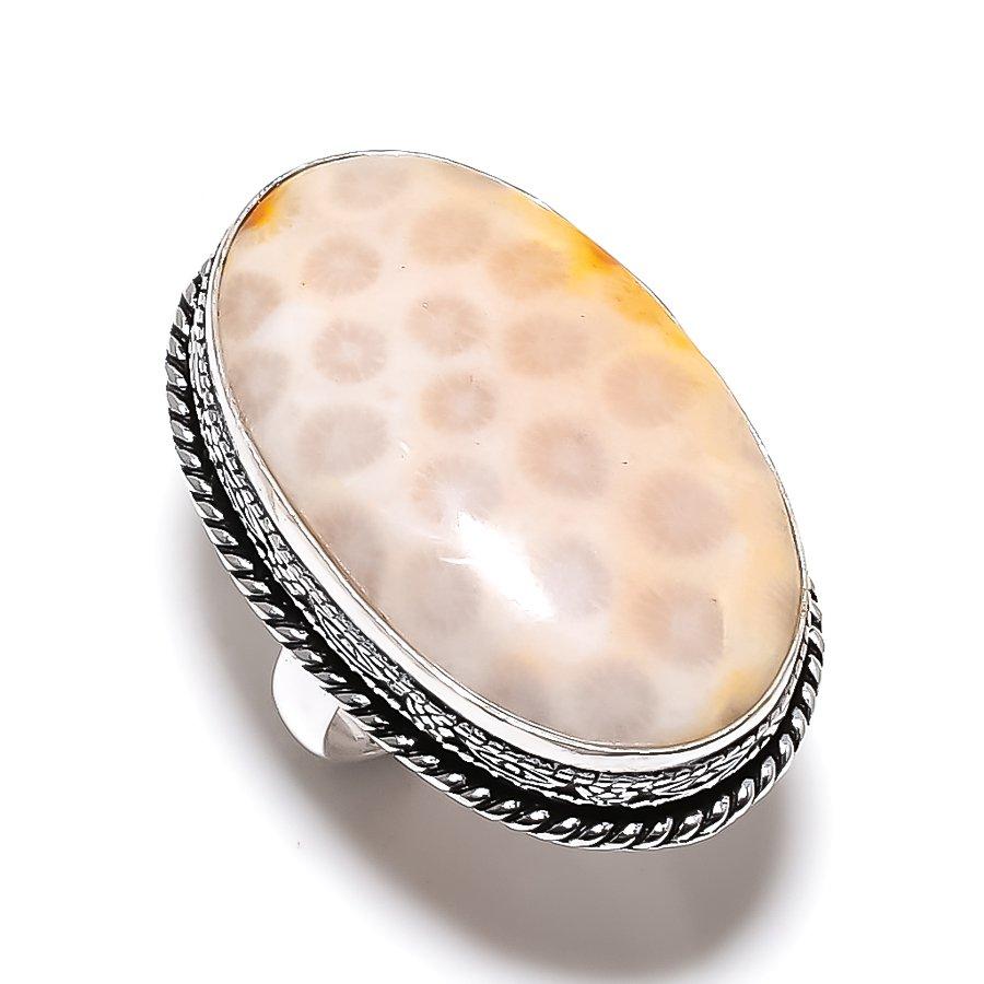 Ископаемый коралл драгоценный камень 925 стерлингового серебра подарок ювелирное изделие кольцо размер 9.5 e2v09