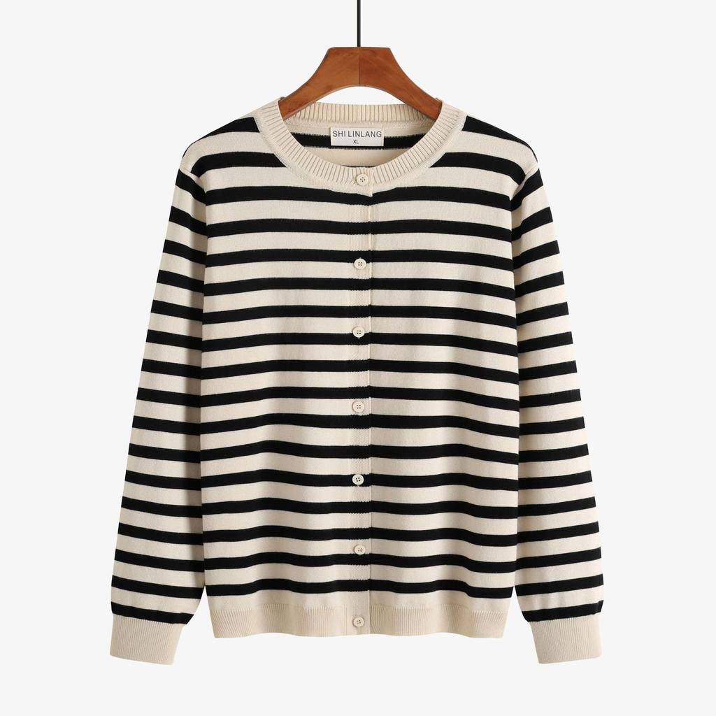 Early spring large size women's striped knitted cardigan simple round neck Korean version thin age-reducing sweater 110kg