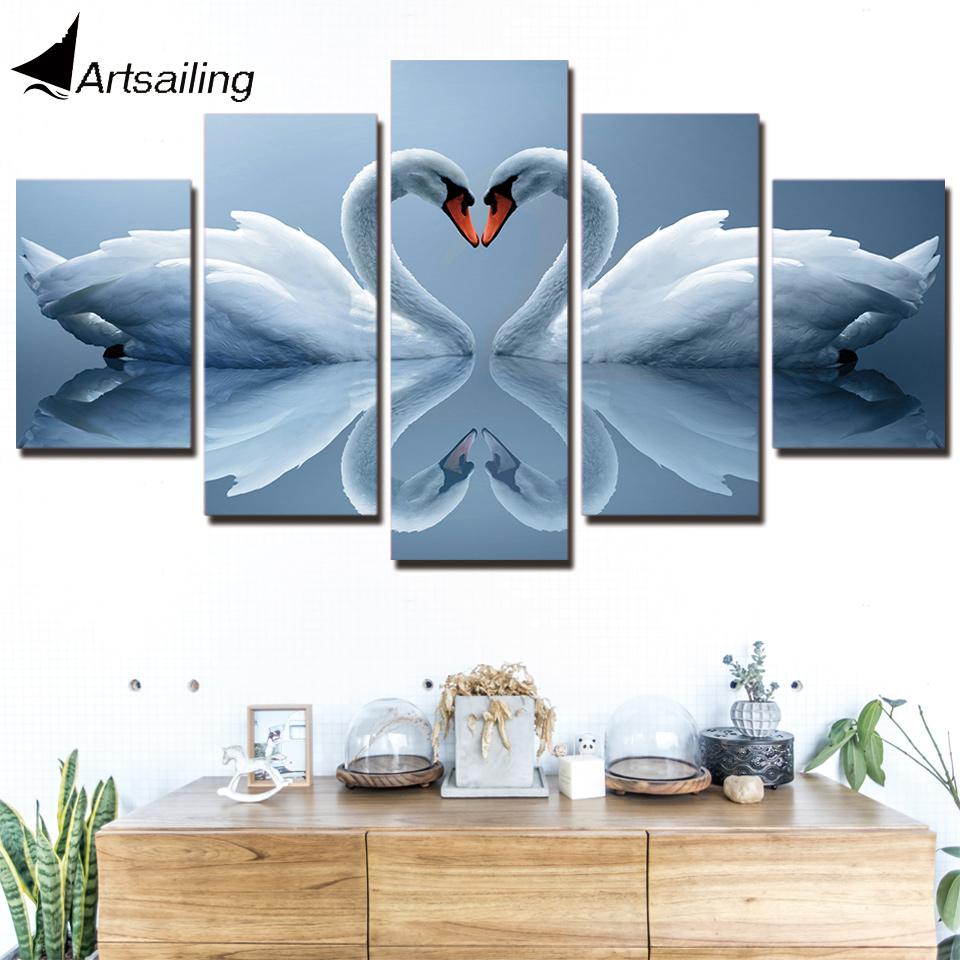 HD Printed 5 Piece Canvas Art White Swans Couple Canvas Prints Wall Pictures for Living Room Modern