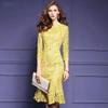 Dress Female Spring and Autumn Lace Dress Mid Length 7/4 Sleeve O Neck Temperament Wrapped Hip Bottom Fishtail Dress Female