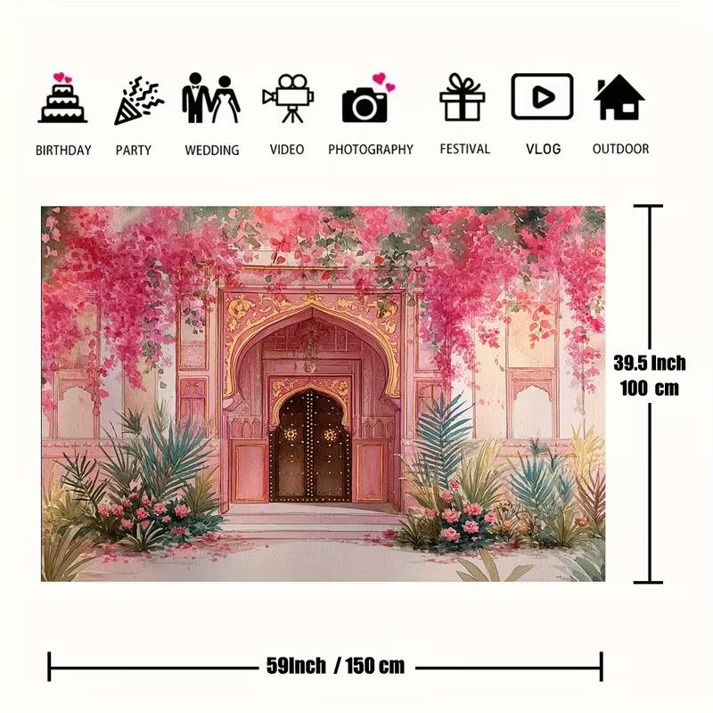 Traditional Mughal 2D Backdrop, Pink Temple Door with Bougainvillea Photo Background
