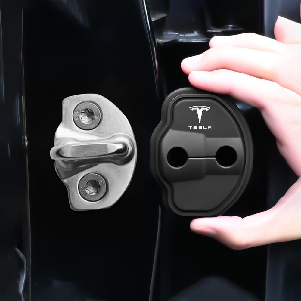 QPPU3 4pcs Car Logo Silicone Door Lock Protective Cover Sticker For Tesla Model 3 Model S X Model Y Roadster Cybertruck Semi Accessory