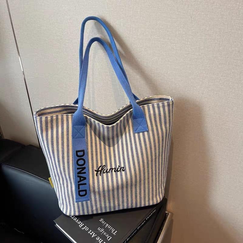 2025 New Women's Large Capacity Canvas Tote: Summer Striped Korean Style Shoulder Handbag
