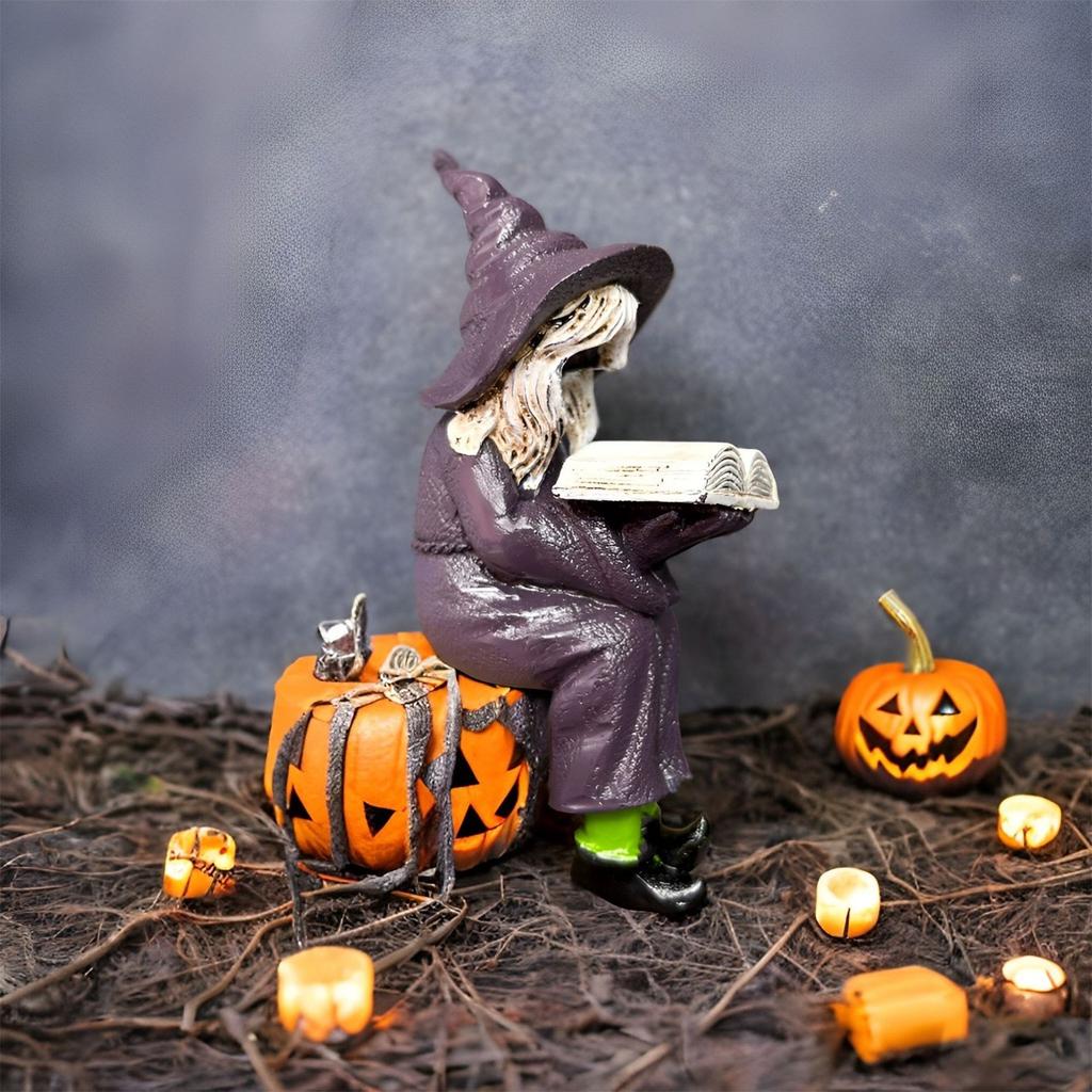 Halloween Witch Reading Book Resin Statue Ornaments, Handicraft Home Decoration Desktop Ornaments Gift