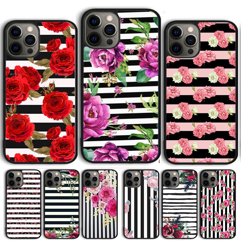 Черно-белые полоски с цветами Чехол для телефона Для iPhone 17 Air 15 16 14 13 12 Pro Max 11 Pro Max Plus Coque