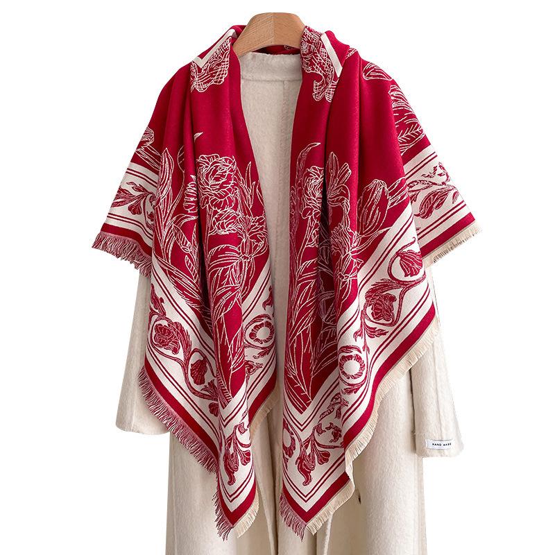 Fashionable Retro European-Style Flowery Large Square Scarf Double-Sided Women'S Imitation Cashmere Warm Scarf Simple And Versatile