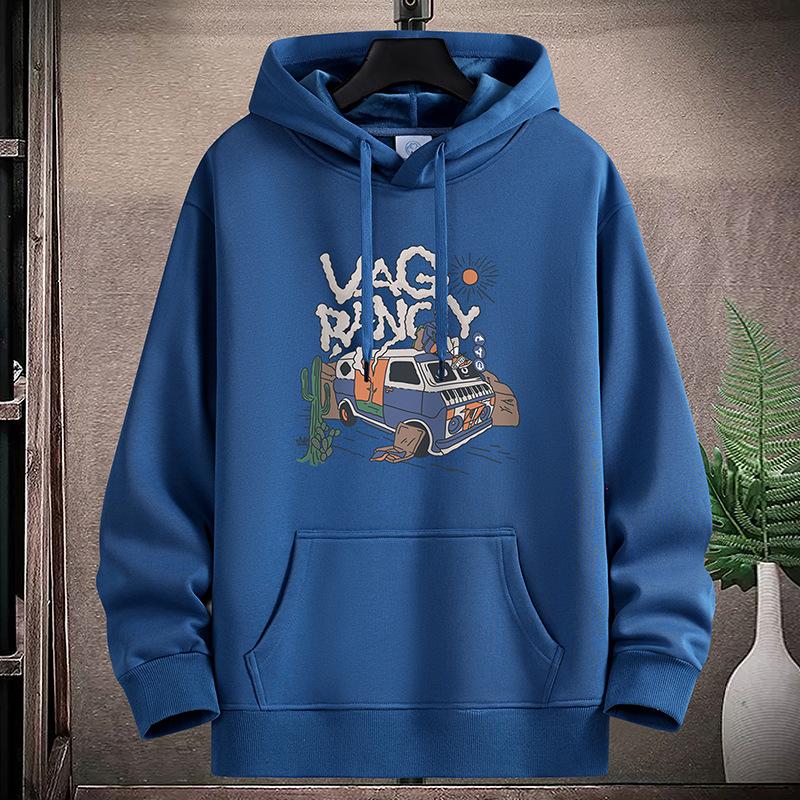 Wagon Pattern Large Size Men Fleece Hoodie Loose Hooded Sportshirt Boys Pullovers