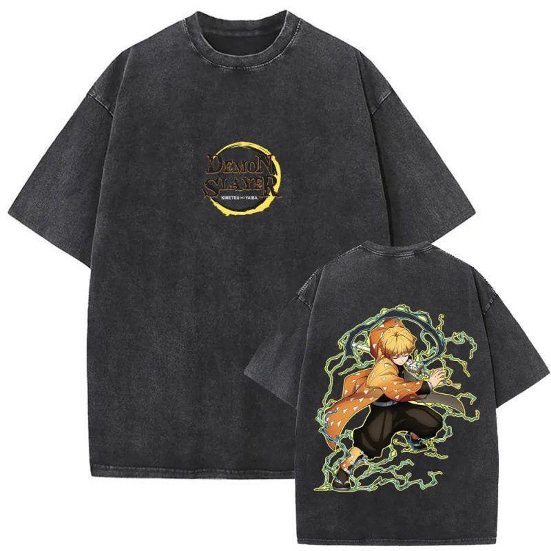 Ghost Annihilation Blade Flame Pillar Apricot Shoulang Short Sleeved Tshirt For Men And Women Retro Washed And Made Loose
