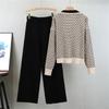 Spring Women Plaid V Neck Style Knit Cardigan Fashion Wide Leg Pants Two Piece Set