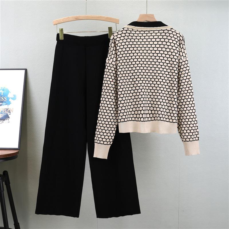 Spring Women Plaid V Neck Style Knit Cardigan Fashion Wide Leg Pants Two Piece Set