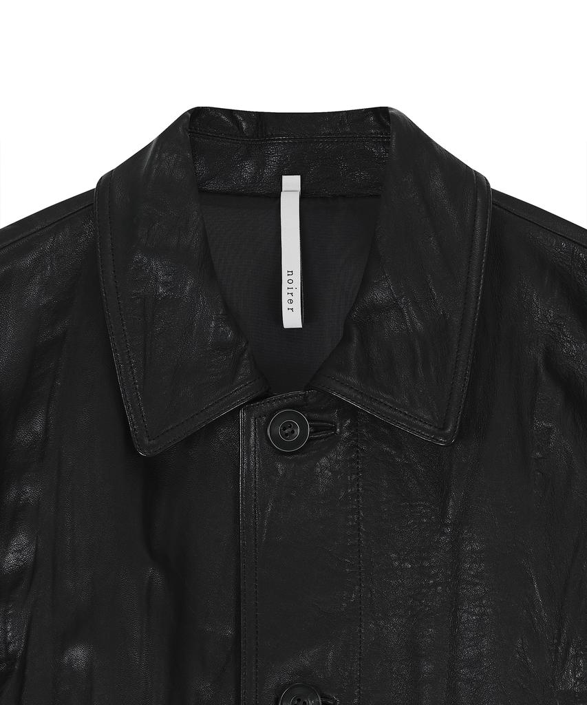Noirer Crinkle Leather Car Coat (Black)