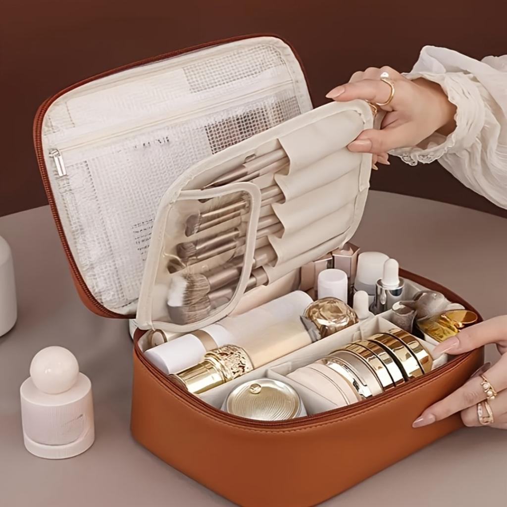 Multi Layer Large Capacity Detachable Makeup Bag, Synthetic Leather Travel Cosmetics Storage Box, Versatile Portable Beauty Essentials Storage Bag